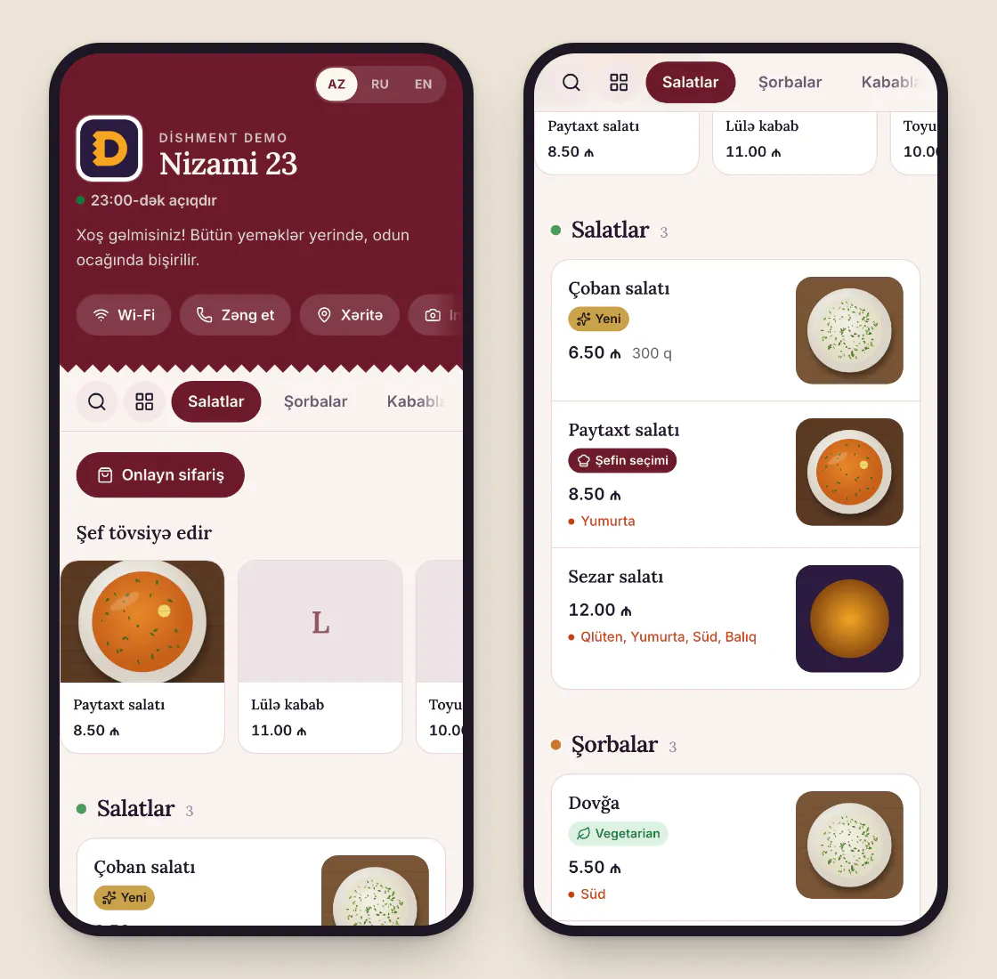 QR-меню Dishment на телефоне: шапка ресторана, категории, блюда с фото и аллергенами